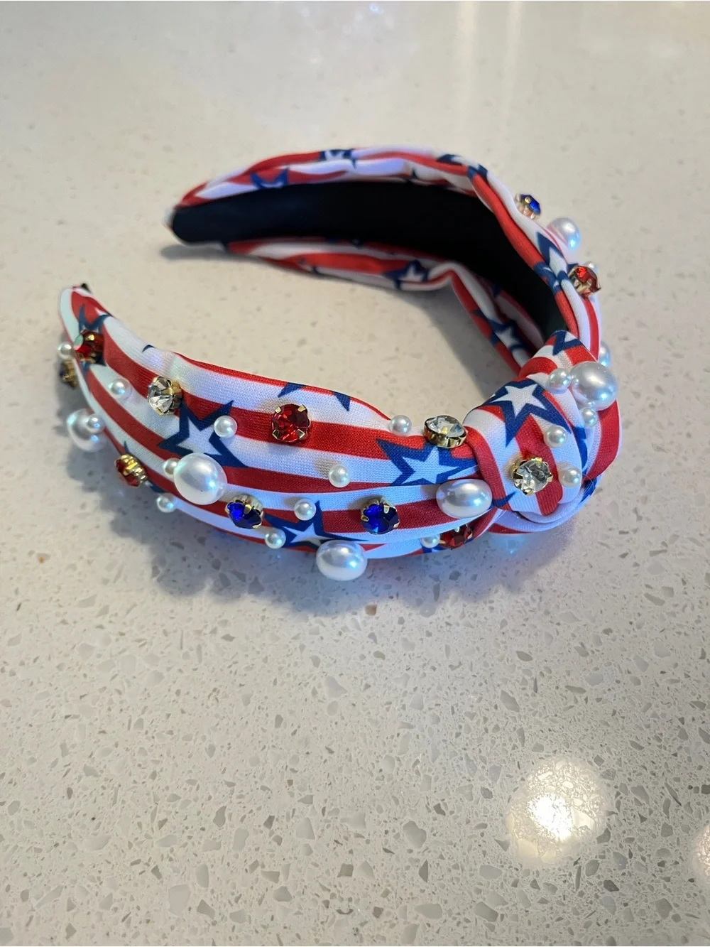 Patriotic Red White Blue‎ Knotted Headband with Pearls & Gems